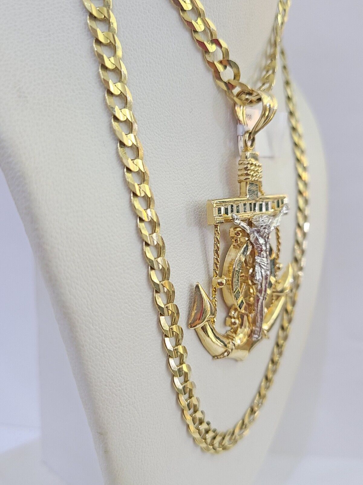 14k Gold Chain Jesus Anchor Charm Solid Cuban Curb 5mm 20" - 26" Inch SET Necklace - GoldenlinQ