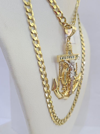 14k Gold Chain Jesus Anchor Charm Solid Cuban Curb 5mm 20" - 26" Inch SET Necklace - GoldenlinQ